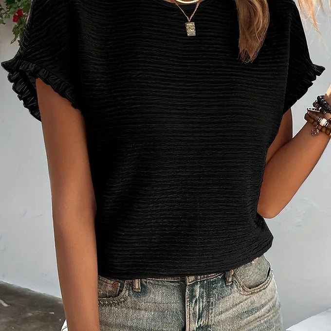 Black Solid Ruffled Short Sleeve Blouse