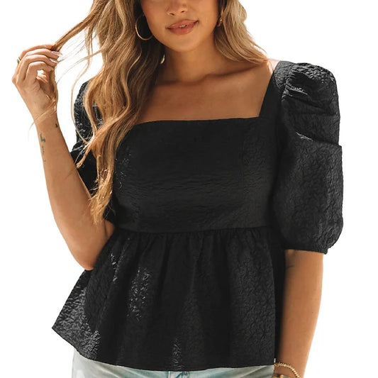 Black Textured Square Neck Peplum Blouse