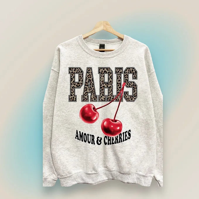 “París Amour & Cherries” Animal Print Detail Sweatshirt