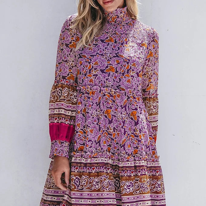 Purple Floral High Neck Mini Dress