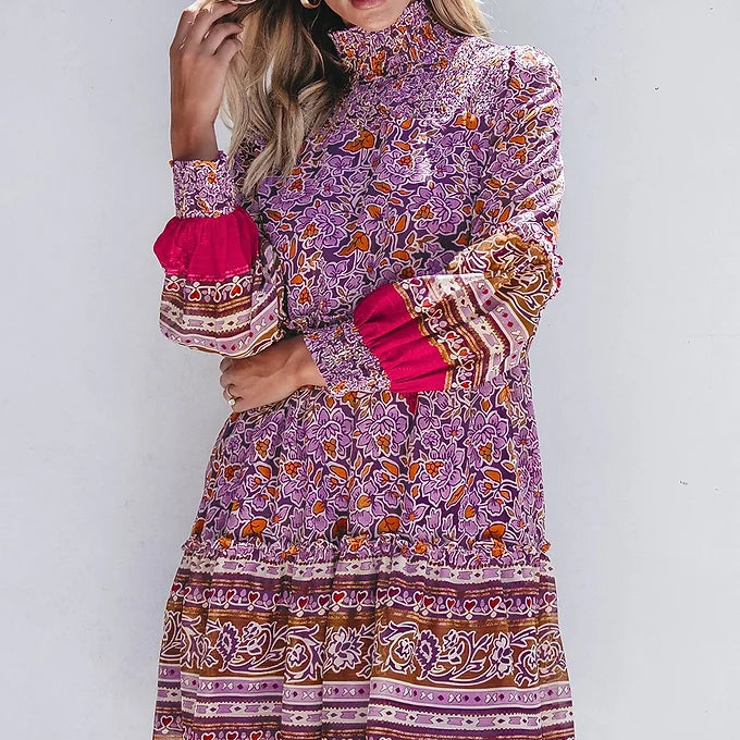 Purple Floral High Neck Mini Dress