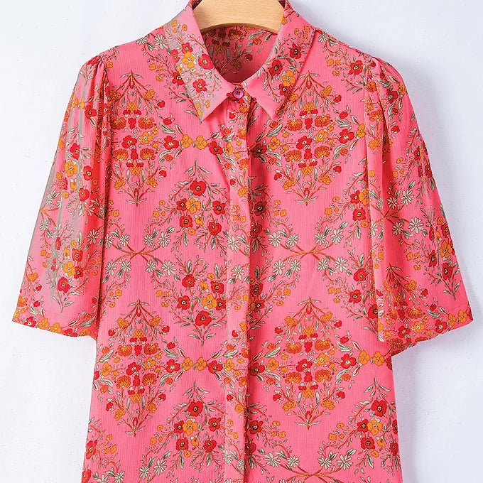 Rose Red Floral Print Wide Short Sleeve Loose Shirt