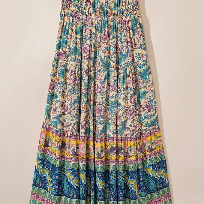 Sky Blue Boho Floral Long Skirt