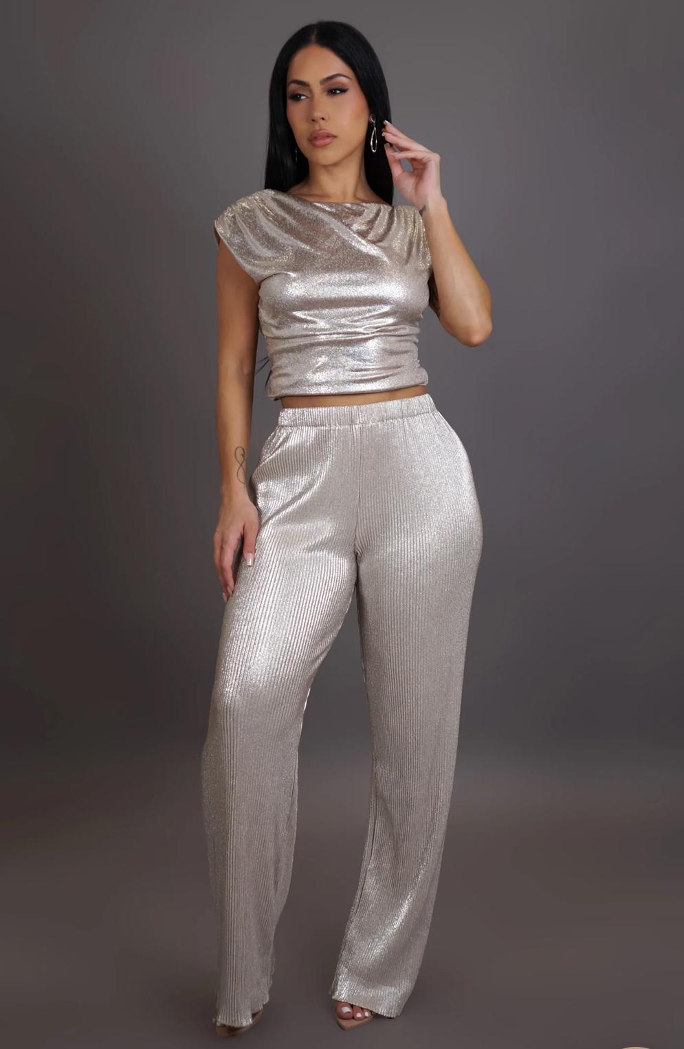 Metallic Drape Top & Pants Set