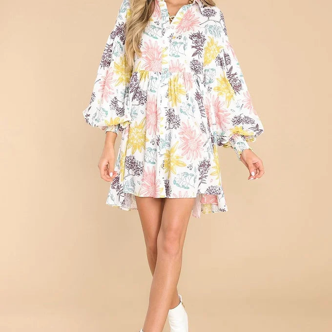 White Collared Neck Floral Dress