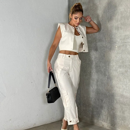 White Crop Top Blazer and Pants Set