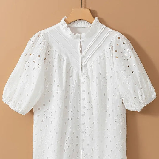 White Flower Puff Sleeve Blouse