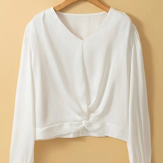 White Twisted Elastic Hem V Neck Crop Blouse