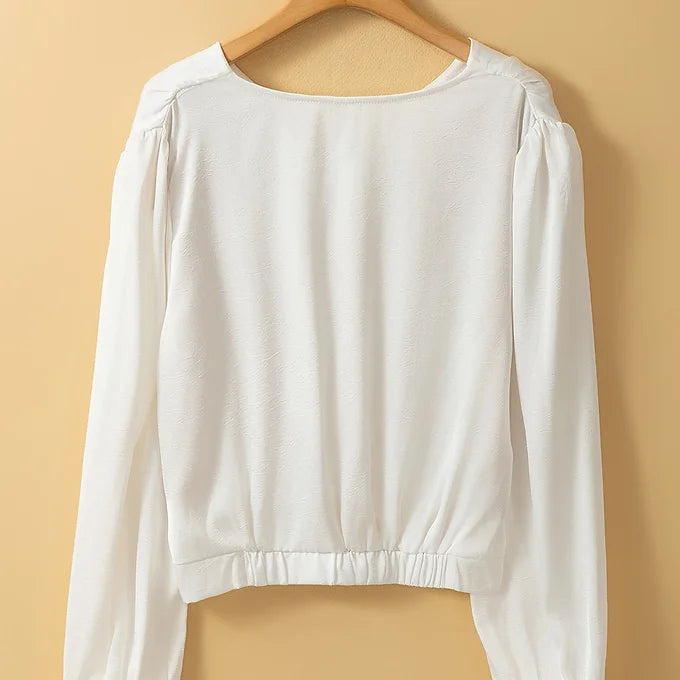 White Twisted Elastic Hem V Neck Crop Blouse